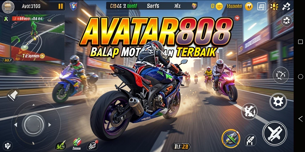 Tangkapan layar gameplay <strong>AVATAR808</strong> menampilkan balapan motor yang mendebarkan.