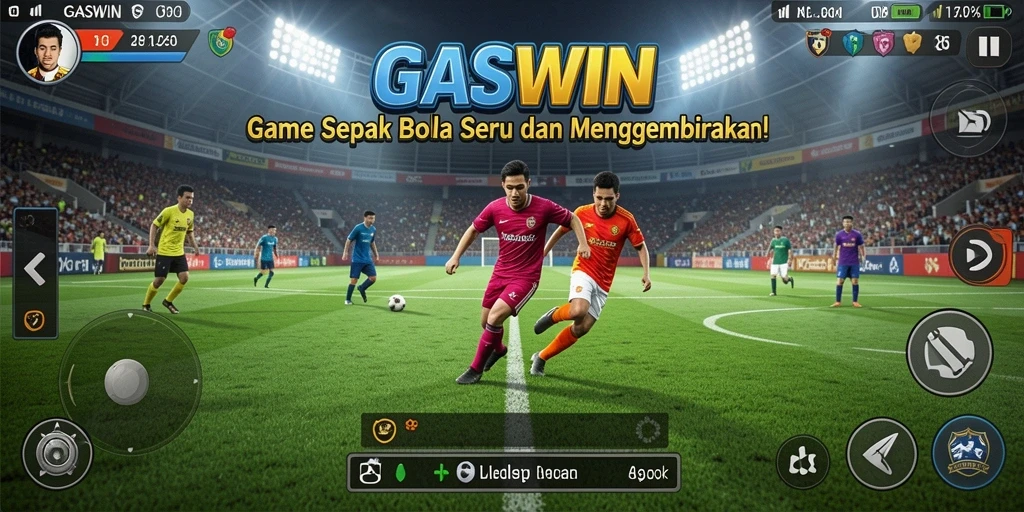 Screenshot utama GASWIN menampilkan aksi seru dalam game sepak bola.