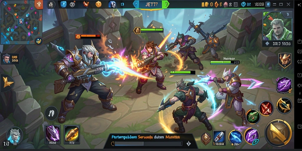 Gameplay seru dalam pertempuran MOBA JET77 dengan karakter unik.