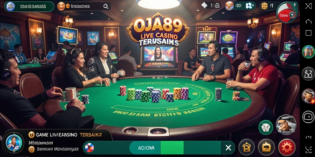 Screenshot gameplay OJA89 yang menunjukkan dealer langsung dan suasana kasino.
