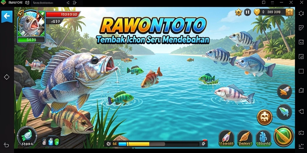 Tampilan utama gameplay RAWONTOTO dengan berbagai ikan yang menunggu untuk ditangkap.